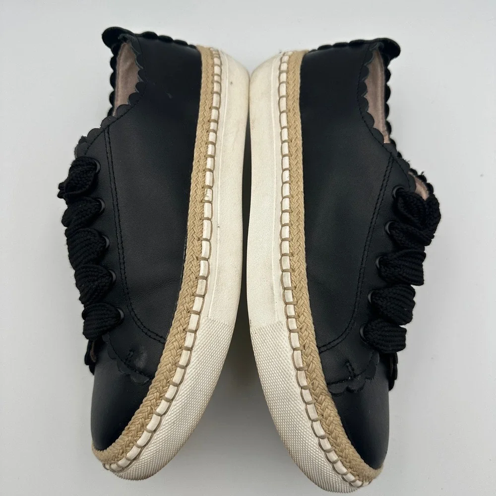 Kate Spade New York Lena Black Leather Sneakers Chunky Laces Scalloped Chic Sz 5